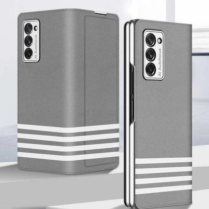 Galaxy Z Fold2 White Stripes Leather Flip Case