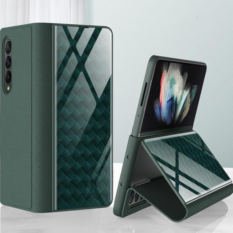 Galaxy Z Fold3 Grid Weaving Pattern Glass Flip Case