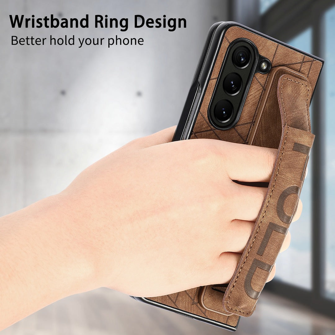 Galaxy Z Fold5 Elegant Leather Wristband & Pen Holder Case