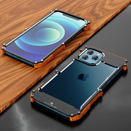 iPhone 12 R-Just Aluminium Natural Wood Anti Shock Bumper Case